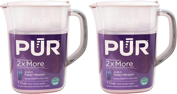 PUR 7-Cup Water Pitcher, 1 Genuine Filter, Cleaner, Great-Tasting Water, Dishwasher Safe, Powerful, Faster Filtration, LockFit Cap Design - Blush (Pack of 2)