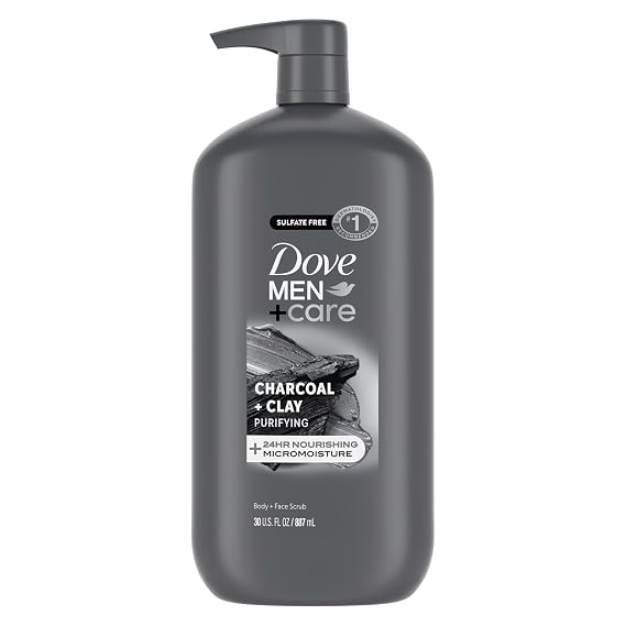DOVE MEN + CARE Body and Face Scrub, Charcoal Body Wash, 30 oz | For rough skin, Helps exfoliate and hydrate, With charcoal + clay scrub, For daily showers, Micro moisture care