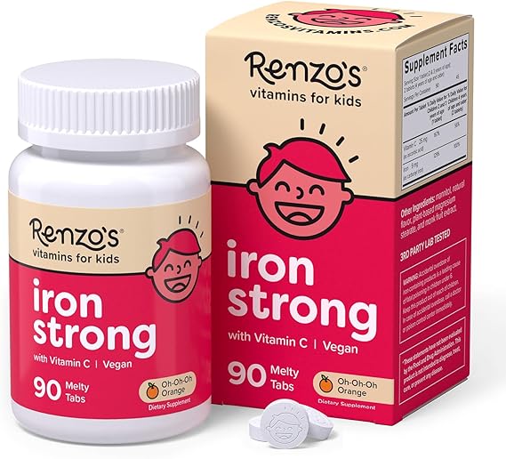 Renzo's Iron Supplements for Kids, Dissolvable Vegan Kids Iron Supplement with Vitamin C, Sugar-Free Melty Tabs, Orange Flavor, 90-Count