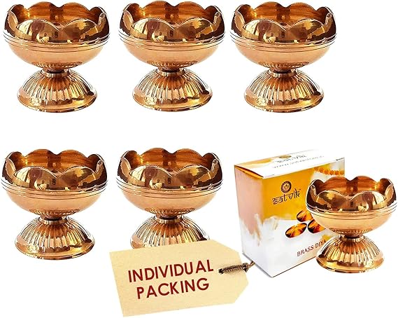 SATVIK Brass Diya Set of 6 | Traditional Oil Lamp for Hindu Puja, Pooja Room, Mandir & Temple | Handmade Virgin Brass for Daily Prayer, Dia Vilakku, Spiritual Home Decor & Housewarming Gifts