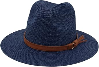 Mens Womens Wide Brim Straw Panama Hat with Belt Buckle for Outdoor Beach UPF50+