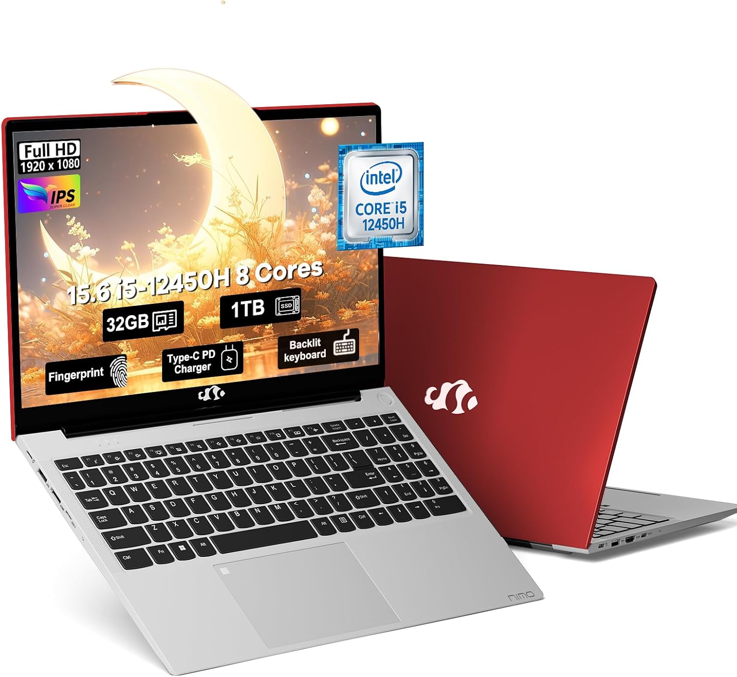 NIMO 15.6 FHD-Laptop, 8 cores Intel i5-12450H 32GB RAM 1TB SSD Beat AMD R5 5500U,up to 4.4 GHz 100W Type C IPS Business Laptop-Computer with Backlit Keyboard Fingerprint WiFi6 Win 11