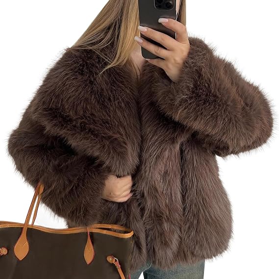 Flygo Women's Fluffy Faux Fur Coat Long Sleeve Cropped Faux Fur Jacket