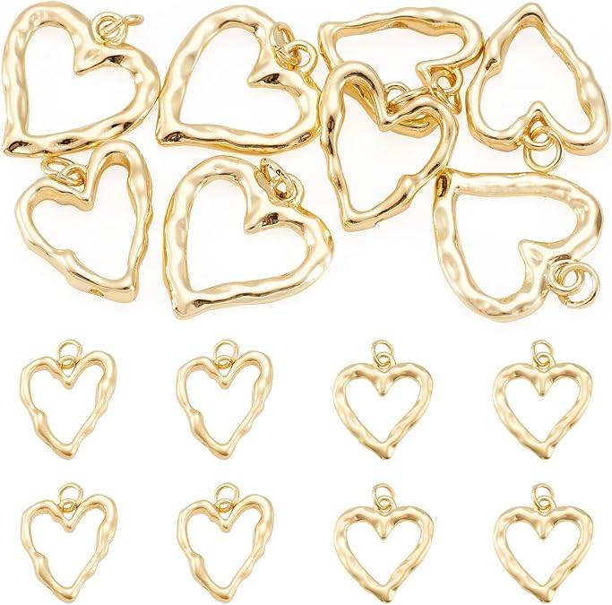 8Pcs 18K Gold Plated Heart Charms Golden Brass Heart Pendants Hollow Dangle Bezel Charms for DIY Earring Necklace Bracelet Jewelry Making Christmas Valentine