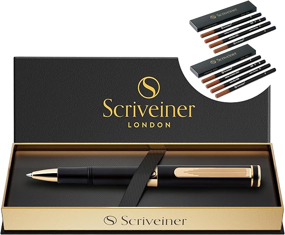 Scriveiner Black Rollerball EDC Luxury Pen, Stunning Pocket Pen, Real Gold Plating, bundle with Rollerball Refill Black and Blue Fine - 8 Refills in two box