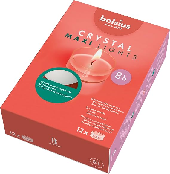 Bolsius Maxi XL Tealight Candles - Clear Cup - White - Box of 12 Transparent Tealights - Long Burning Time of 8 Hours - Interior Decoration - Unscented - Includes Natural Vegan Wax - No Palm Oil [Energy Class A+++]