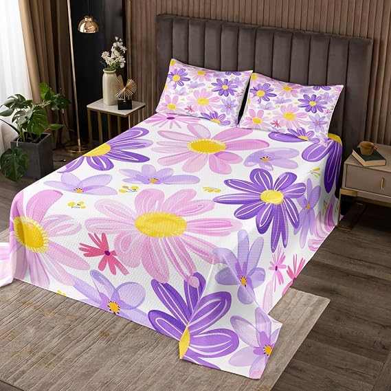 Castle Fairy Watercolor Flowers Quilt Set for Kids Boys Girls,Oil Painting Bedspread,Shabby Chic Floral Bed Cover Purple Pink Yellow White Bedding Set Decorative Quilted Coverlet,Twin Size