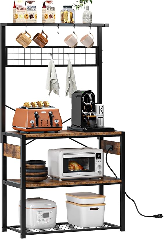 SogesHome 4-Tier Kitchen Baker's Rack with Power Outlet, Microwave Oven Stand Workstation, Kitchen Utility Storage Shelf Coffee Bar Cart with Storage Shelves, 5 S-Shaped Hooks