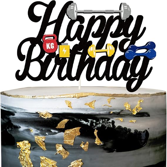 Gym Birthday Cake Topper,Fitness Happy Birthday Cake Topper,Weightlifting Cake Decorations for Man Women Boy Girl Bday Party,Glitter Black