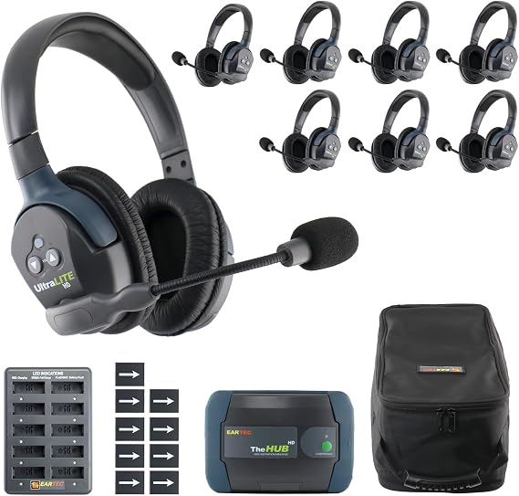 EARTEC HUB8D Ultralite-HD 8 Person Full Duplex Wireless Intercom Headset Communication System, Dual Ear Headsets, Up to 1000ft Range, U.S. Company
