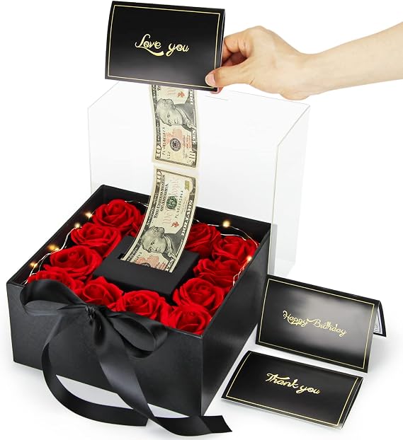 Money Box for Cash Gift Pull - Black Luxury Money Gift Box with Flower Ribbon, Unique Birthday Surprise Gift Box for Wife, Girlfriend, Mother, Friend
