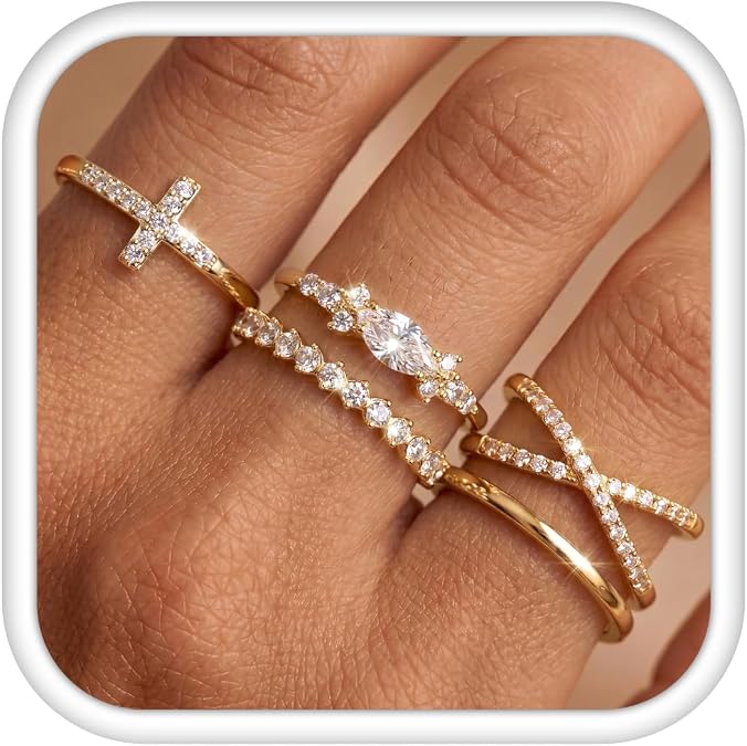 Sllaiss Stackable Gold Rings for Women Non-Tarnish 14K Gold Plated Ring Set