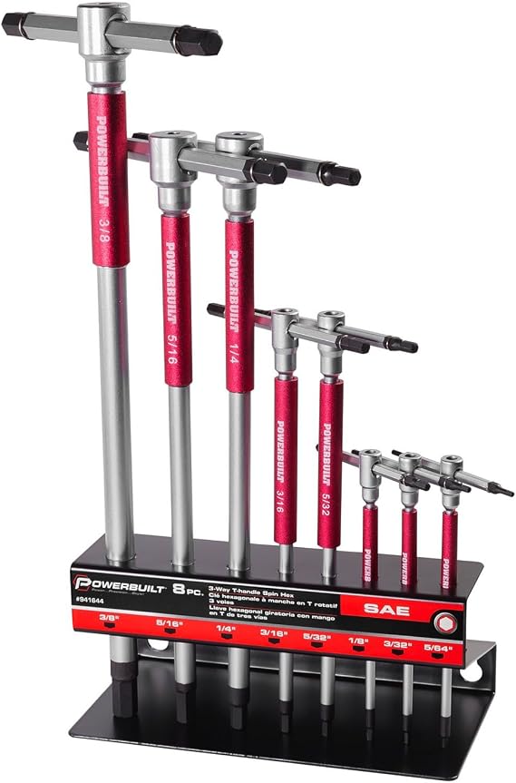 Powerbuilt 8 Pc SAE T-Handle Hex Allen Key Wrench Set w/ Speed Sleeves for Fast Spinning Action, Sliding Top Handle for T or L Shape, Long Shafts, Storage Rack, Auto, Bicycle, Moto - 941644 , Red