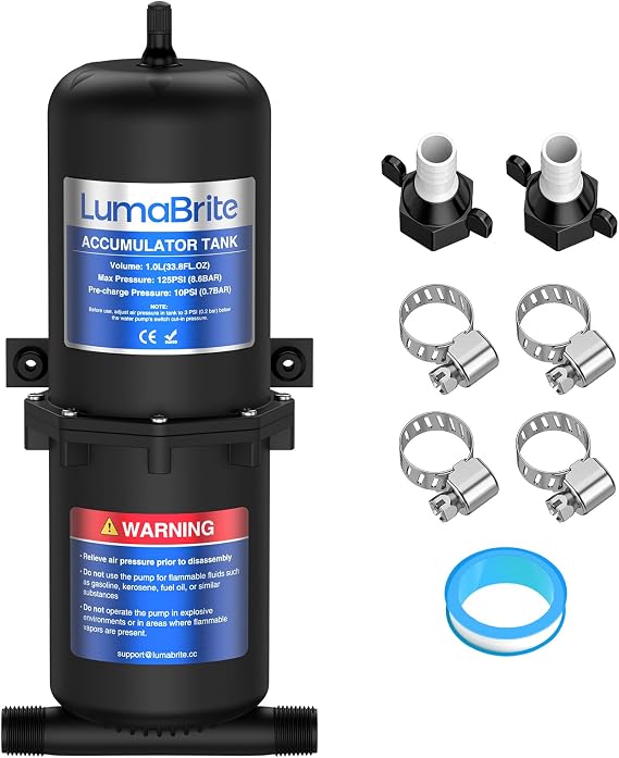 Pressure Accumulator Tank 1L 125 PSI, Boat Tank Pre Pressurized Accumulator Tank RV Caravan Water Pump Control Internal Bladder for Boat Yacht Marine RV Van Motorhome