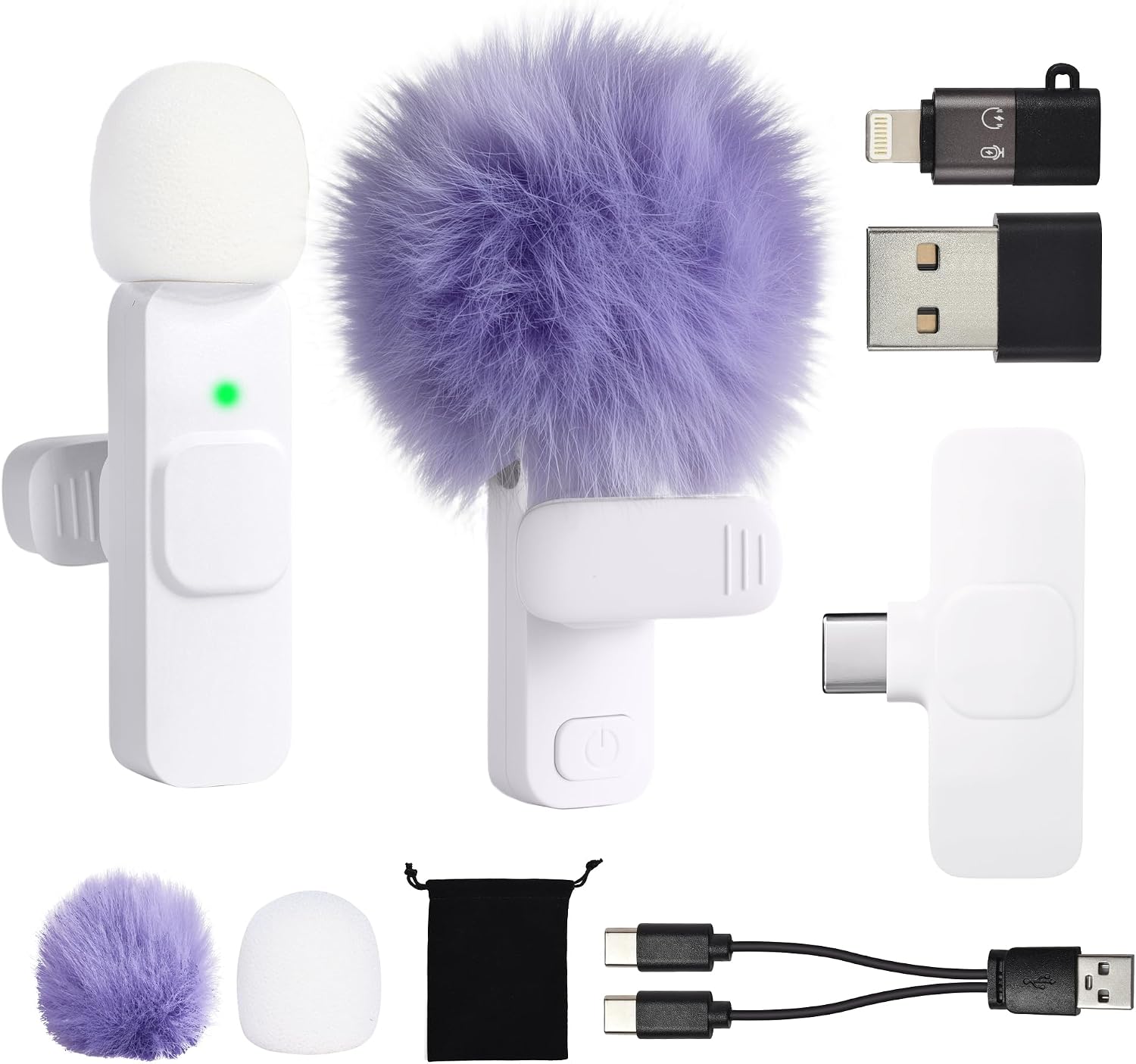 White Purple Wireless Lavalier Microphone for iPhone Android Phone Tablets iPad PC, 2 Mini Clip on Mic with 8h Use, 65ft Range, Noise Reduction, USB C/A/Lightning for Vlogging Podcast Tiktok Youtube