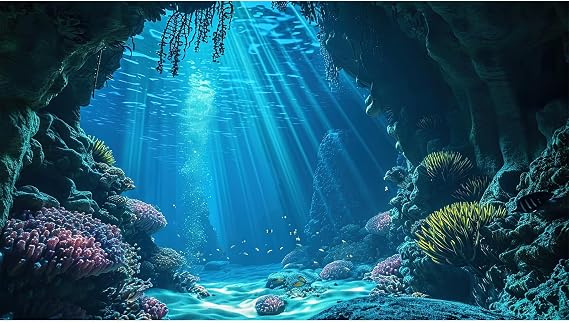 Under The Sea Aquarium Background Underwater Grotto with Soft Corals Reefs Fish Tank Background Blue Ocean Tropical Cave Sunlight Rays Deep Sea Fish Tank Backgrounds Aquarium Wallpaper 24x12in