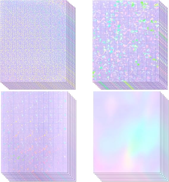 36 Sheets Holographic Laminate Sheets Clear Self Adhesive Sticker Paper | Transparent Waterproof Laminating Sheets Holographic Vinyl Overlay for Stickers, Cricut Crafts, Photos, 8.5x11 inch- 4 Styles