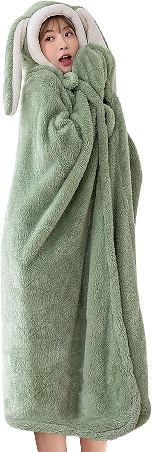 Cute Bunny Ear Wearable Throw Blanket with Hand Gloves for Women Girls 59inch Length Warm Cozy Plush Flannel Hoodie Poncho