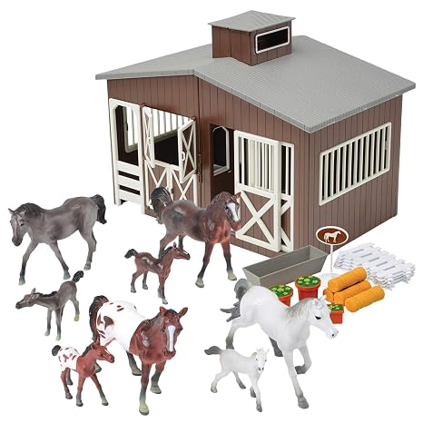 Constructive Playthings Deluxe Toy Horse Stable Playset with 8 Horse Toys and Accessories, BPA-Free Farm Set, Use and Birthday Gifts, Brown, 23 pc., Toddler Toys for 3 Years Up