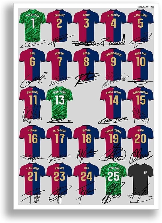 Mounted Gifts Trading Barcelona team squad 2024-2025 signed poster print framed picture photo autograph gift 24/25 Lewandowski Lamine Yamal (A4 poster only)