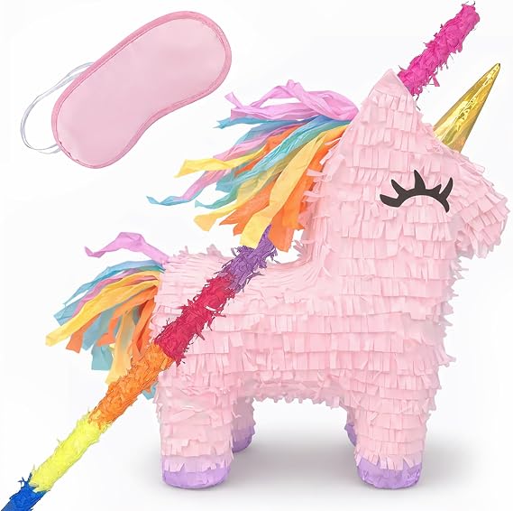 GIFTEXPRESS 16" Pink Unicorn Pinata with 33 Inch Pinata Stick & Blinfold - Mexican Theme Party Decoration for Birthdays, Fiestas & Cinco de Mayo, Kids Party Favors, Easy Fill & Hang Loop