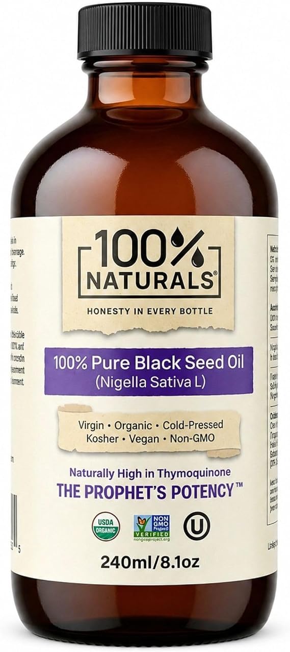 100% Naturals Organic Black Seed Oil, Pure Virgin Nigella Sativa Oil, Cold-Pressed & Unrefined, Turkish Origin, USDA Organic, Non-GMO, Kosher, Premium Amber Glass Bottle, 8 fl oz