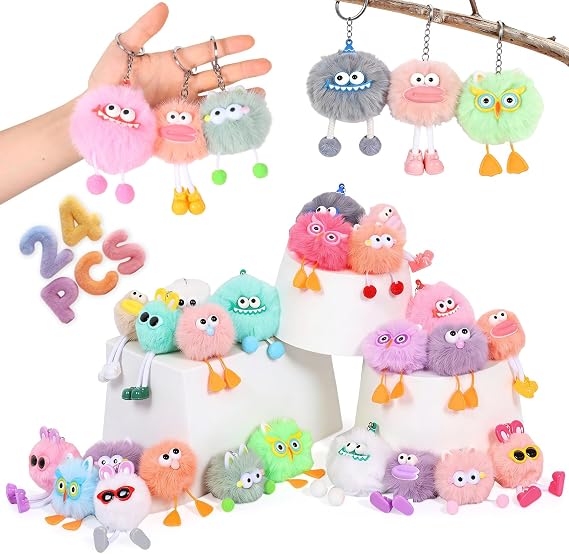 24 Pack Plush Keychains for Kids Girls Party Bags Fillers,Cute Pom Pom Backpack Accessories for Classroom Rewards,Carnival Prizes,Pinata Stuffers,Birthday & Easter Gifts,Bag Charm(colour,24PCS)