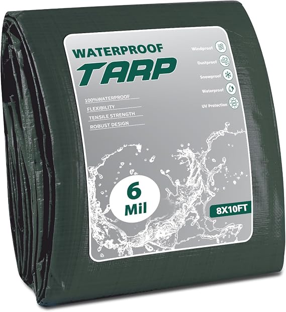Heavy Duty Waterproof Tarp 8x10 FT, 6 Mil Thick Tarpaulin Cover with Reinforced Edges & Grommets - for Outdoor Camping, Roof, Boat, RV, Pool, Tent - Includes Utility Rope