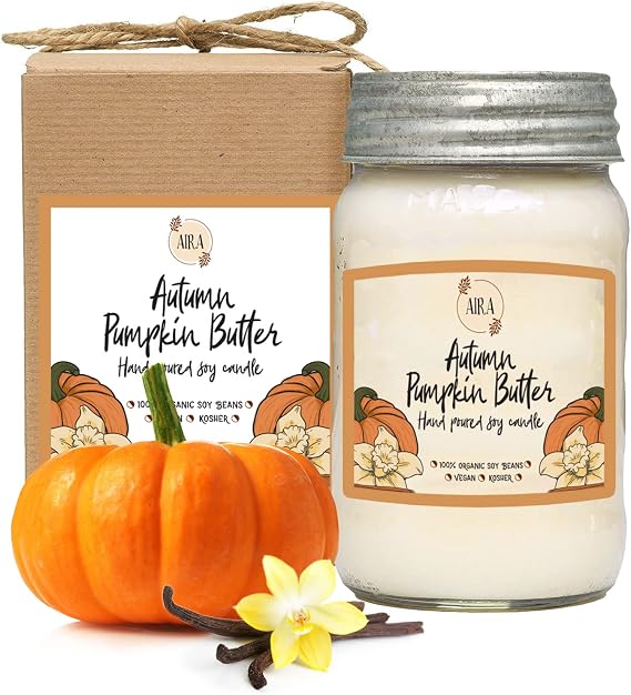 Aira Fall Soy Candles - Organic, Kosher, Vegan, Mason Jar Candle w/Aromatherapy Essential Oils - Hand-Poured 100% Soy Candle Wax - Paraffin Free, Burns 110+ Hours - Autumn Pumpkin Butter - 16 Ounces