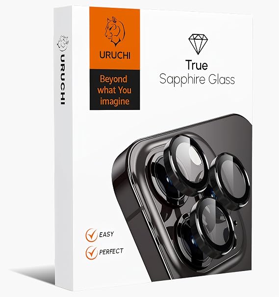 URUCHI Kamera Lens Koruyucu, Safir Cam, Alüminyum Alaşım Çerçeve, Kolay Kurulum, HD Kalite, Güçlü Yapışma, Çubuk Sökme Aparatlı (Siyah, IP 12 Pro Max)