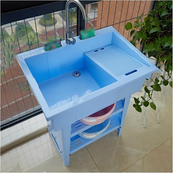 Freestanding Plastic Laundry Sink with Washboard,Utility Sink Laundry Tub for Washing Room,Portable Sink Hand Wash Station,Outdoor Sink with Hose Hook Up,Outdoor Sinks for Backyard,Garden(Blue)