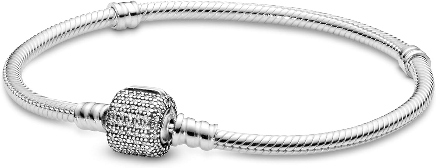 Pandora Moments Sparkling Pavé & Snake Chain Bracelet, 6.3 inches 16 cm Sterling Silver, Genuine Imported Product 590723CZ-16, Stone Silver Sterling Silver Copper Metal, Cubic Zirconia