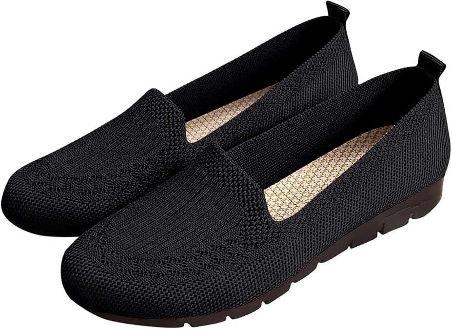 Women Comfortable Knit Slip On Shoes for Dance Long Distance Walk Travel Mesh Breathable Step in Flats Loafers