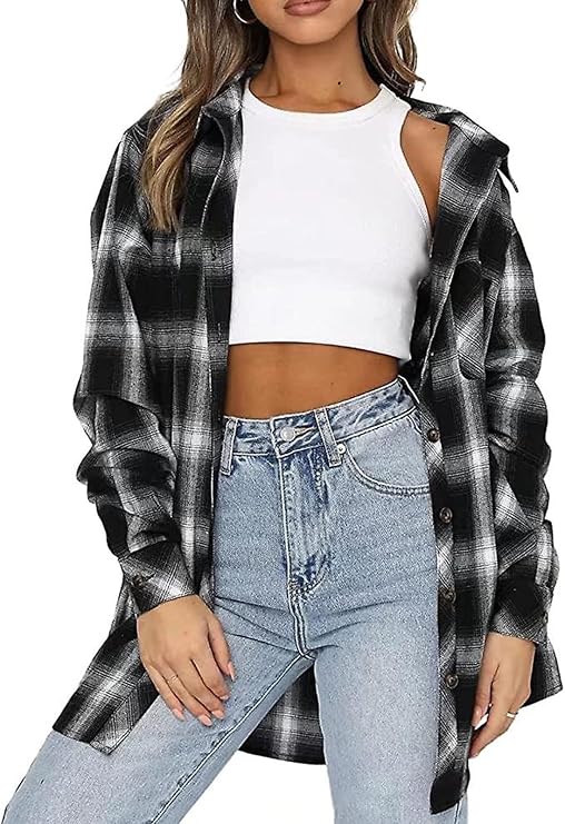 Womens Button Down Flannel Shirts Oversized Long Sleeve Plaid Shackets Casual Blouse Fall Tops