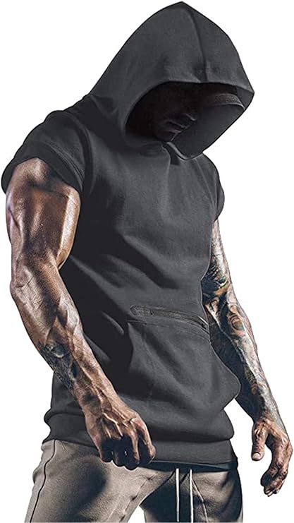 Men's Workout Tank Tops Sports Hooded Vest Sleeveless T- Shirt Muscle Bodybuilding Gym Fitness Hoodie Sweatshirts with Pocket