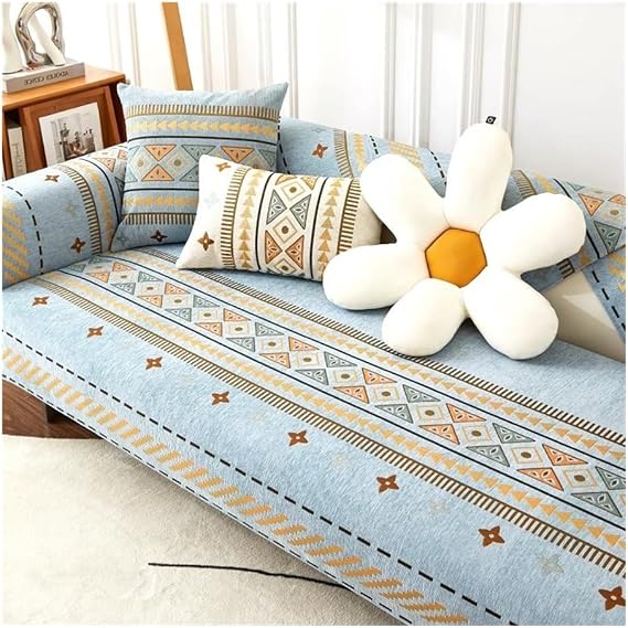 Bohemian Style Sofa Cover Chenille Sectional Couch Covers Geometric Pattern Sofa Slipcover Non Slip Sofa Towel Soft Balcony Blanket Anti-scratch Furniture Cover(Blue,110 * 110/43.3 * 43.3in)