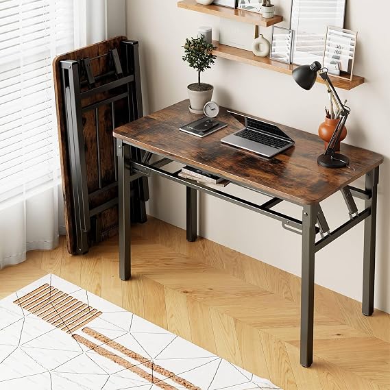 BYMECOST 31.5 inches Folding Desk Small Desk, No Assembly Computer Desk with Storage Shelf, No Install Small Foldable Table for Home Office,Study Table for Small Space (Brown, 31.5")