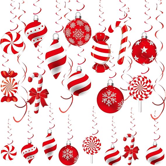 30pc Candy Cane Swirls Christmas Hanging Decorations and Streamers for Xmas Parties
