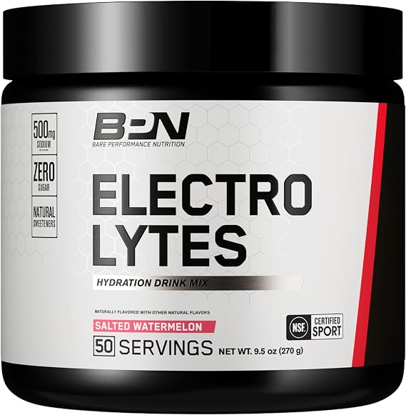 BARE PERFORMANCE NUTRITION BPN Electrolytes Hydration Drink Mix | Sugar Free Electrolyte Powder | 500mg Sodium per Serving | Naturally Sweetened | Salted Watermelon, 50 Servings