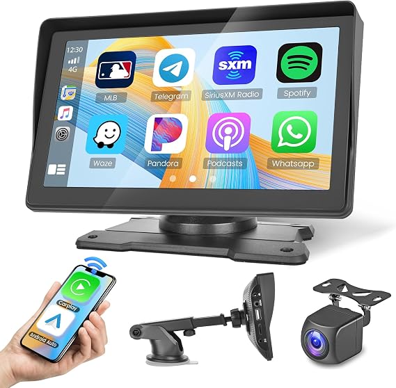 Wireless Portable Car Stereo for Apple Carplay & Android Auto with 1080P Rear Camera, 7" HD Touch Screen Car Play Screen with Bluetooth 5.1 USB Port Mirror Link Si-ri Voice Control GPS Navigation
