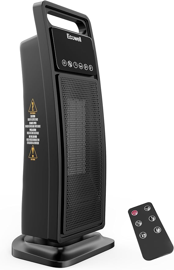 ECOWELL 21" Tower Heater, 1500W Fast Heating Ceramic Electric Heater with Remote, 3 Modes, Timer, Tip-Over Protection, 60 Oscillating Portable Heater for for Bedroom, Indoor Use, Space Heater EHT200