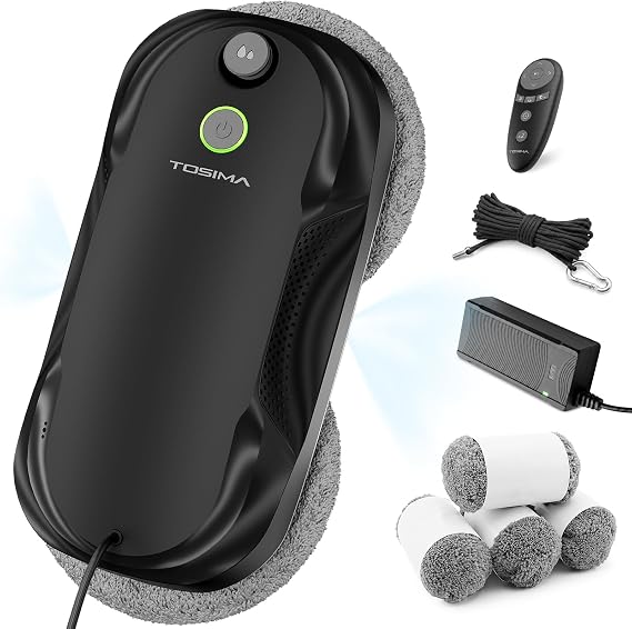 Tosima W5 Window Cleaning Robot, 6400Pa Max Adaptive Suction, Smart Window Cleaner with Triple Safety System, Intelligent Navigation, Remote Control, for All Smooth Surfaces, Black