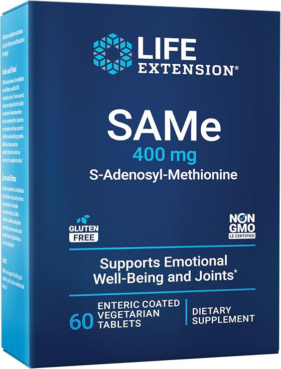 Life Extension Same, S-Adenosyl-Methionine, 400 mg, Mood and Liver Health and Joint Support Supplement, Non-GMO, Vegetarian, Gluten Free, 60 enteric-Coated Tablets