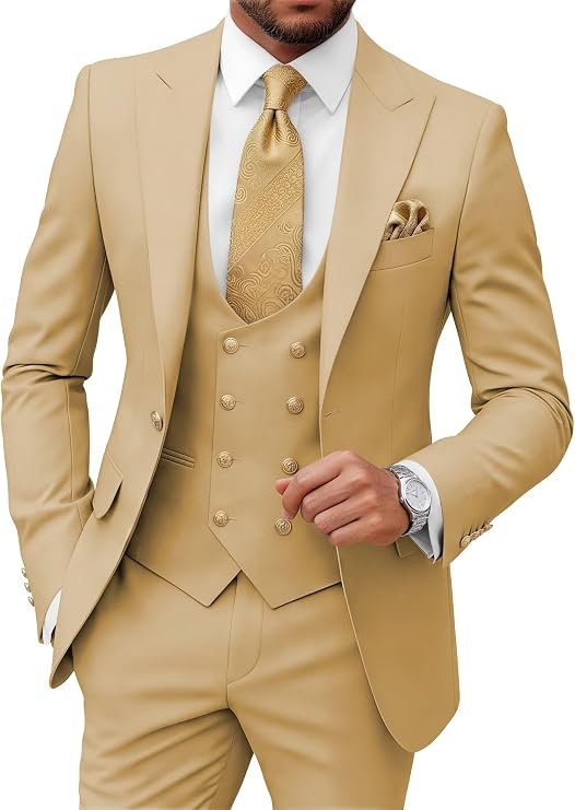 Wangyue Men Suits Slim Fit 3 Piece Champagne Fancy for Men,Homecoming Men,One Button Blazer Vest Pants Set S