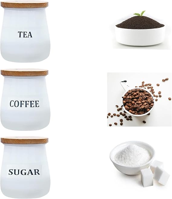 White Coffee Sugar Tea Canister Set of 3 - Galvanized Metal Container With Wooden Lid - Beautiful Fancy Elegant Decorative Food Storage Jars Perfect for Farmhouse Kitchen Decor Restaurant - 4.25 Inch