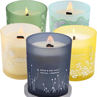 Sage Sea Salt, Peach Mango Citrus, Coconut Mandarin Vanilla, Berries Bergamot Vanilla, Pear Freesia English Rose Scented Wood Wick Candles Variety Pack Big Soy Candle Set of 5 x 10.6 Oz