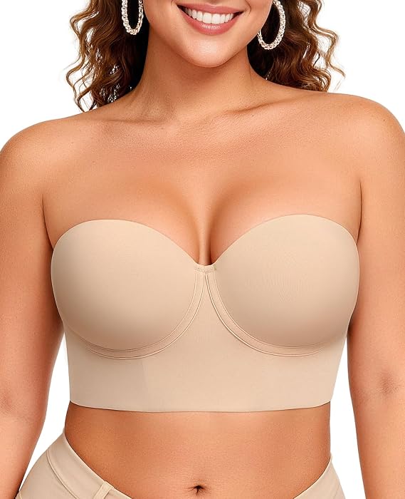 Upushall Strapless Bras for Women Large Breasts Longline Plus Size Anti-Slip Supportive Corset Bra Full Coverage 40D,Nude