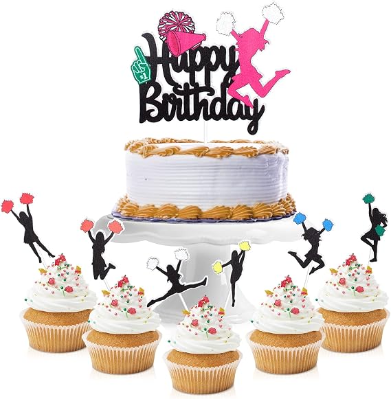 7 pcs Cheerleader Happy Birthday Cake Topper - Cheerleading Game Girl's Cheer Dance Party Decorations - Gymnastics Birthday Party Supplies