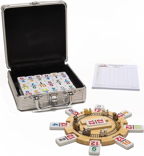 Mexican Train Dominoes Set, Double 12 Colors, Numbers and Wooden Hub, 8 Metal Trains, Aluminum Case | 木製ハブ、メタルトレイン8本、アルミケース