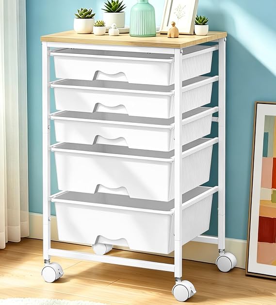SUNALLY Rolling Carts with 5 Drawers, Storage Drawer Carts for Craft, White